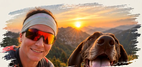 Trailrunnerin mit Hund bei Sonnenuntergang