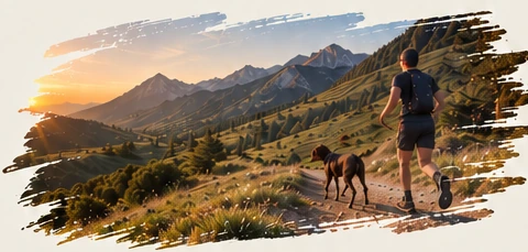 Trailrunner mit Hund in einer Berglandschaft